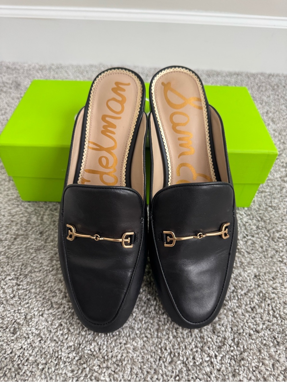 Sam Edelman Black Leather Slip-On Loafers with Gold Horsebit